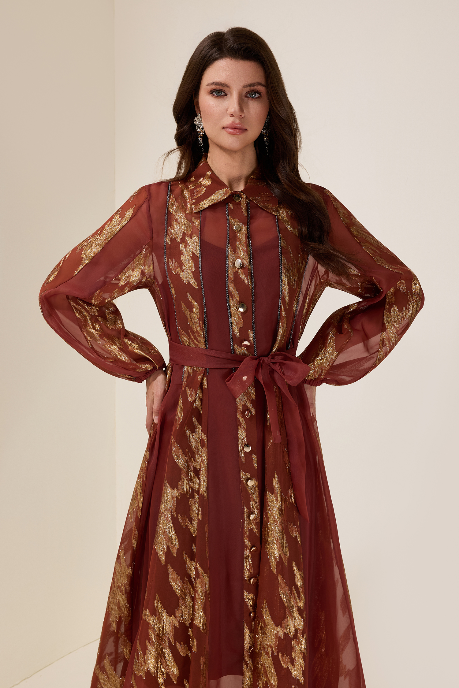 Chiffon Gold Foil Stamping Metal Single Breasted Midi Dress With Belt   JardinVue