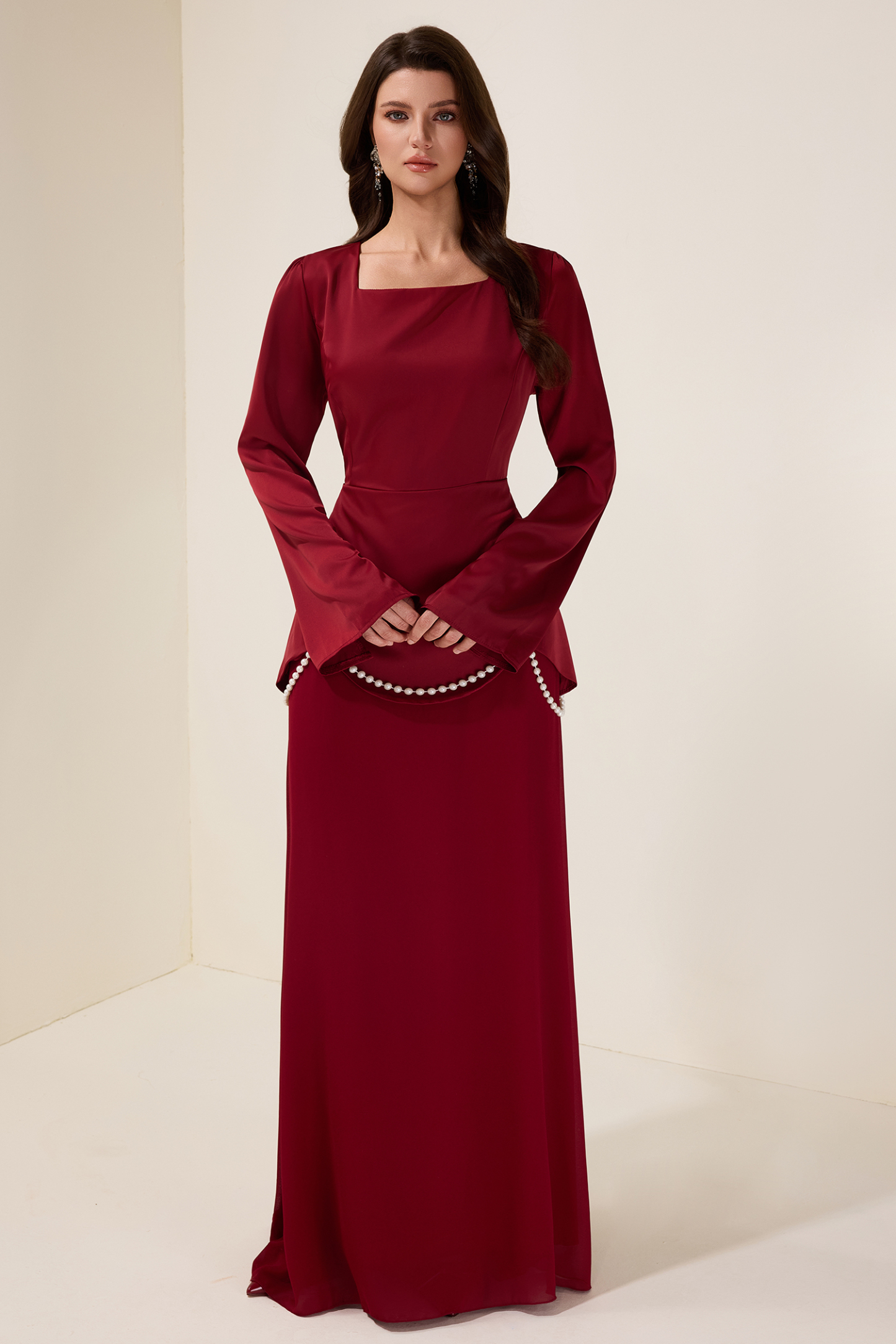Faux Pearl Square Collar Long Sleeve Maxi Dress