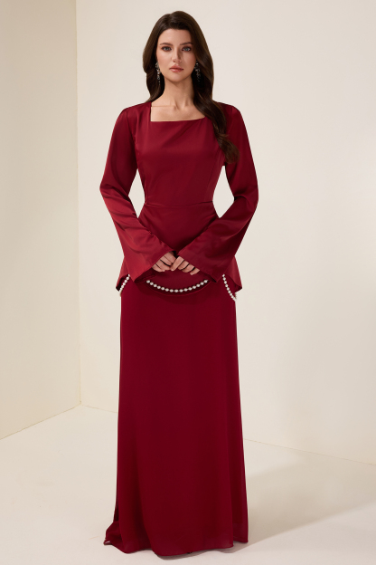 Faux Pearl Square Collar Long Sleeve Maxi Dress