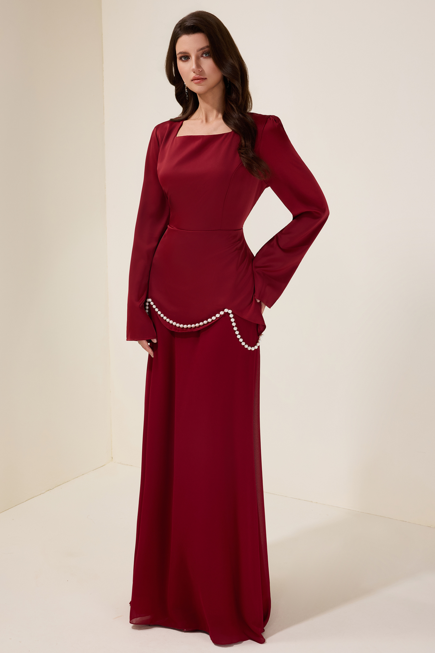 Faux Pearl Square Collar Long Sleeve Maxi Dress