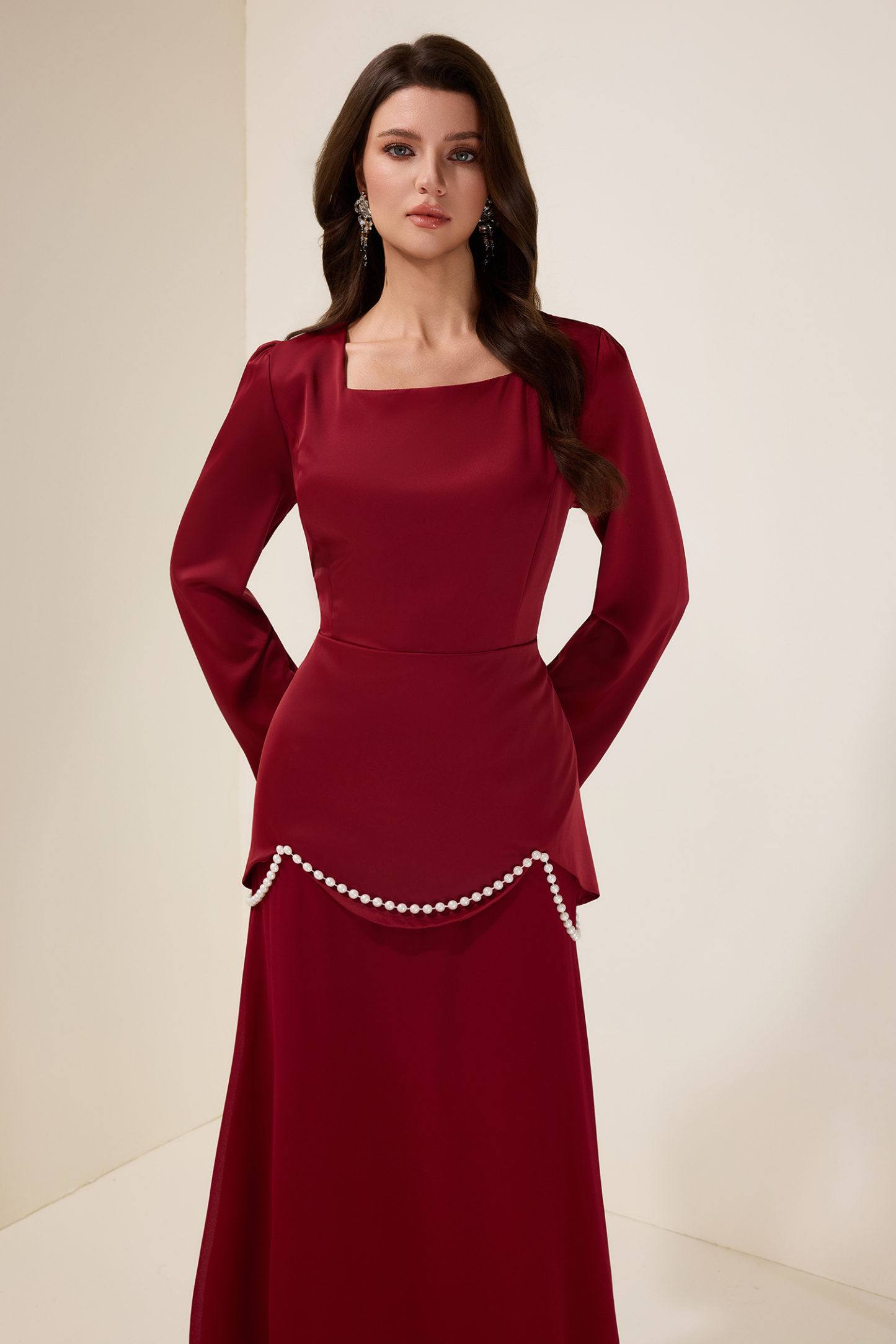 Faux Pearl Square Collar Long Sleeve Maxi Dress