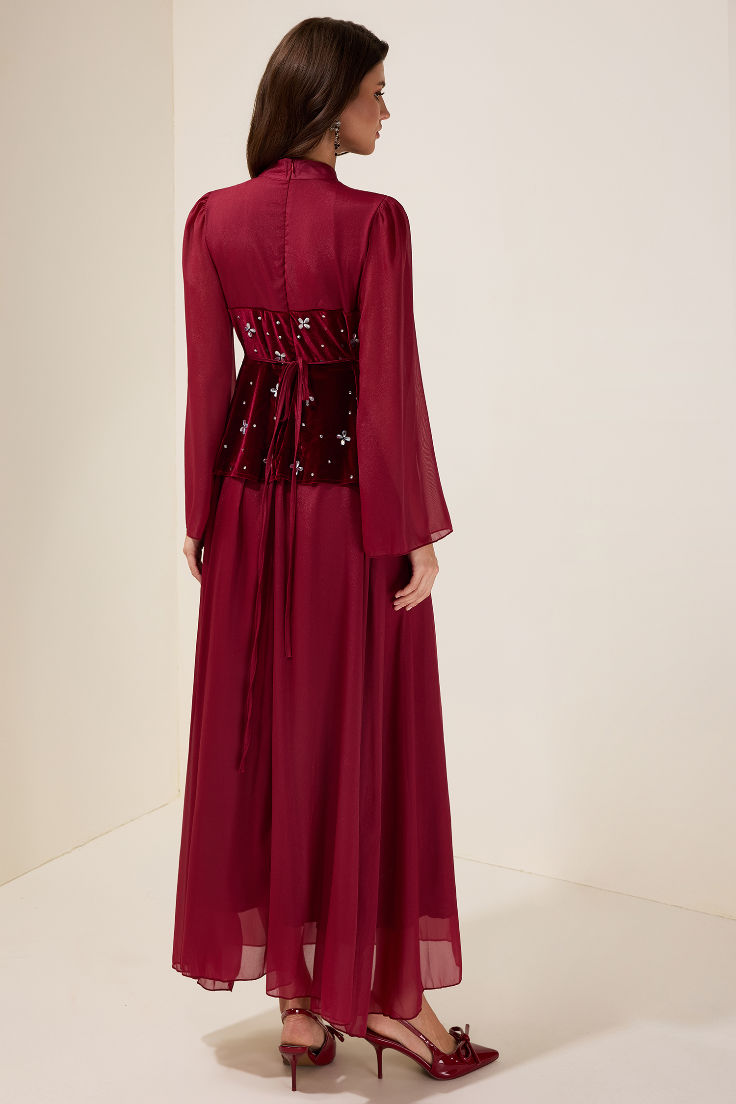 トップス PHEENY/VELOURS BORDER L/S(BURGUNDY) Buy Burgundy Red Velvet Soft Touch Jersey Quarter Zip Co-Ord