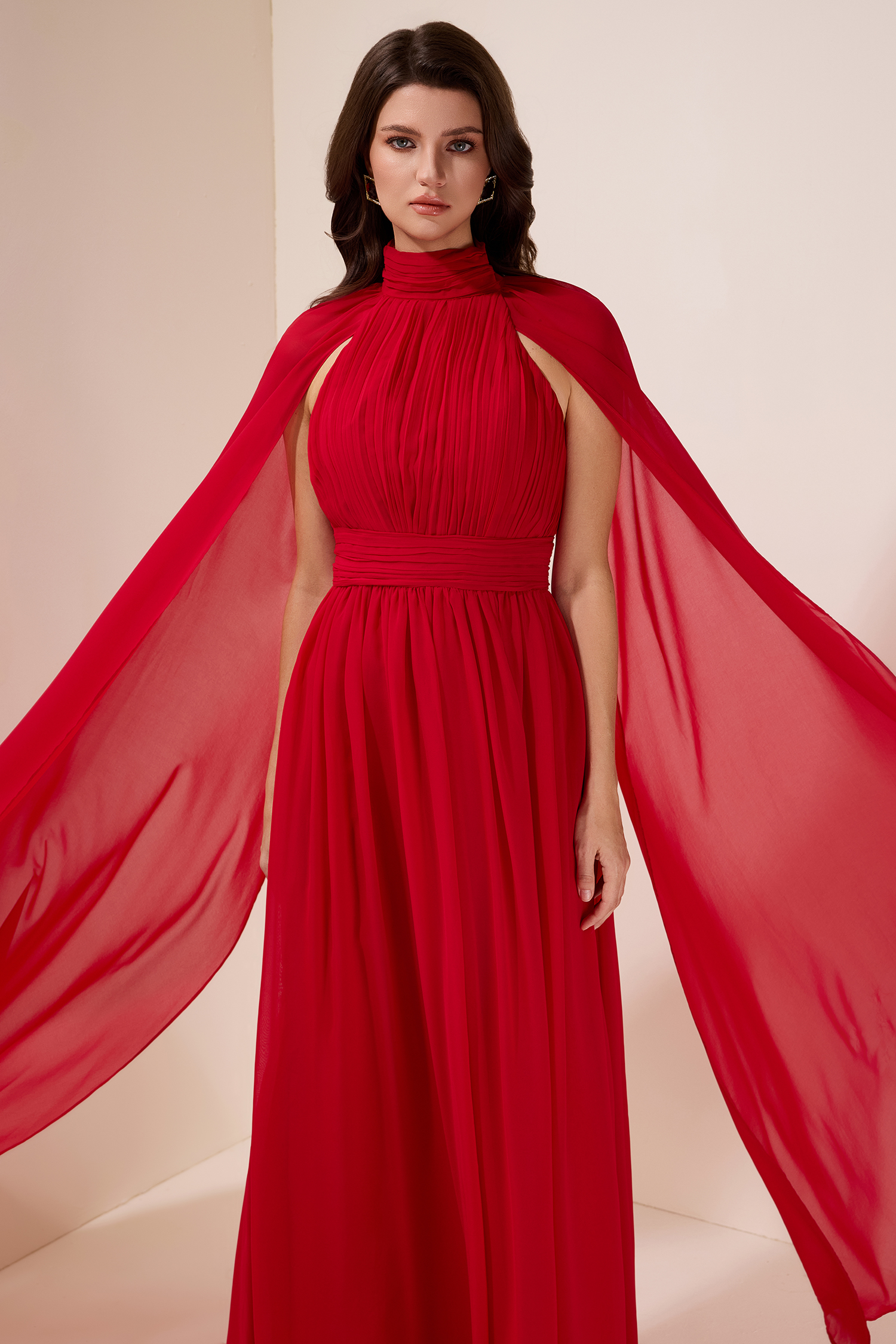 Chiffon Pleated Cape Sleeve Maxi Dress