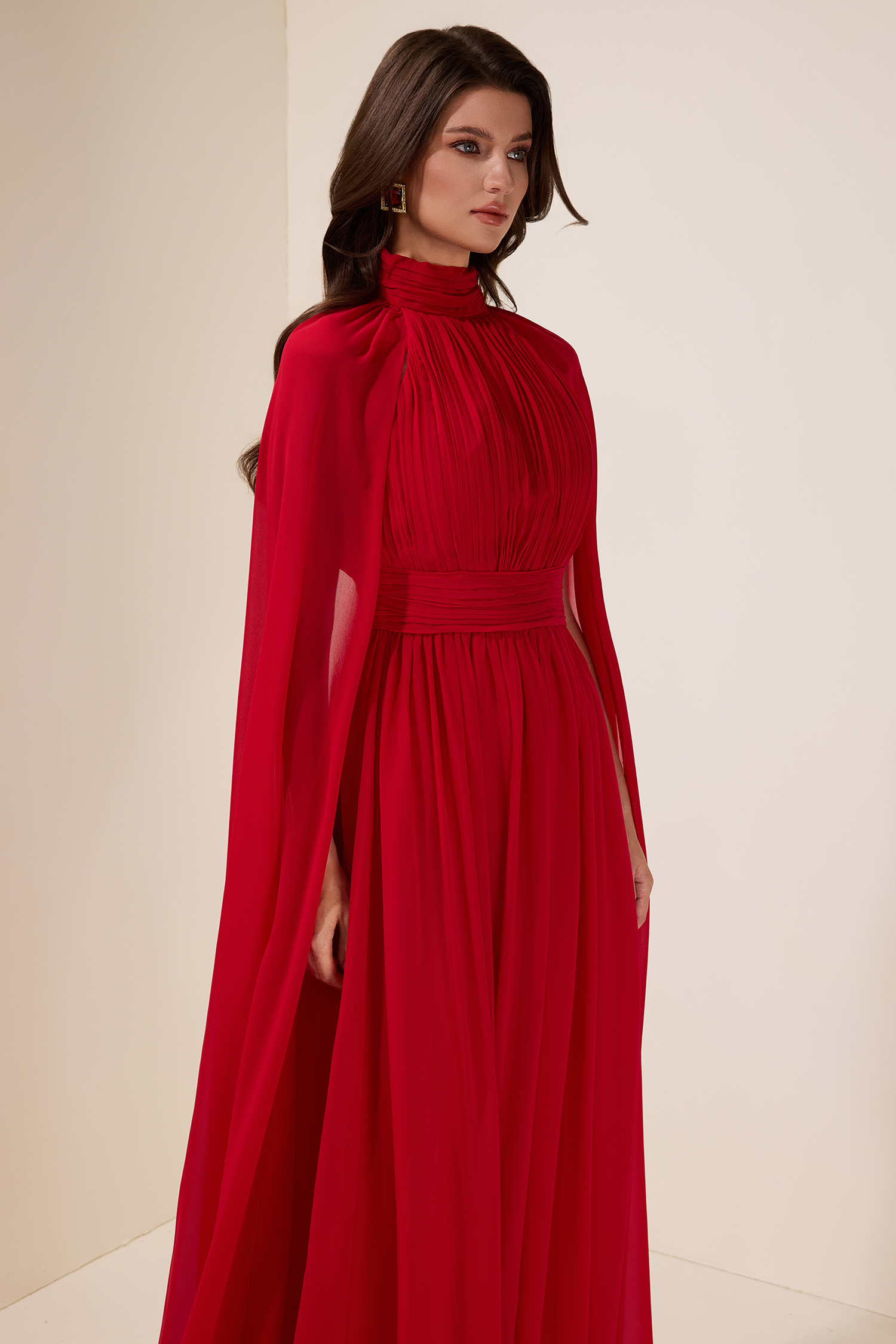 Chiffon Pleated Cape Sleeve Maxi Dress