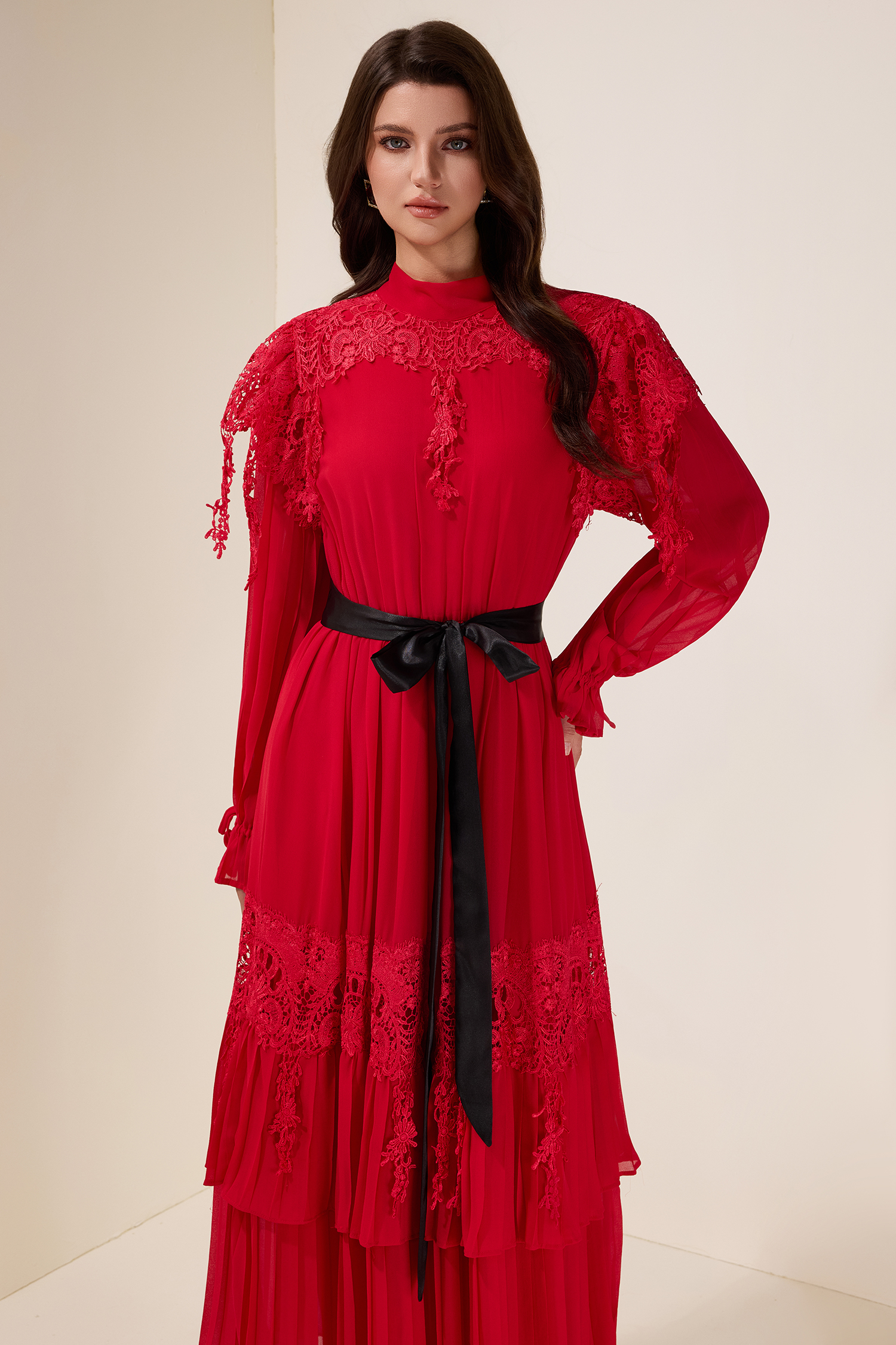 Lace Splicing Maxi Dress With Belt