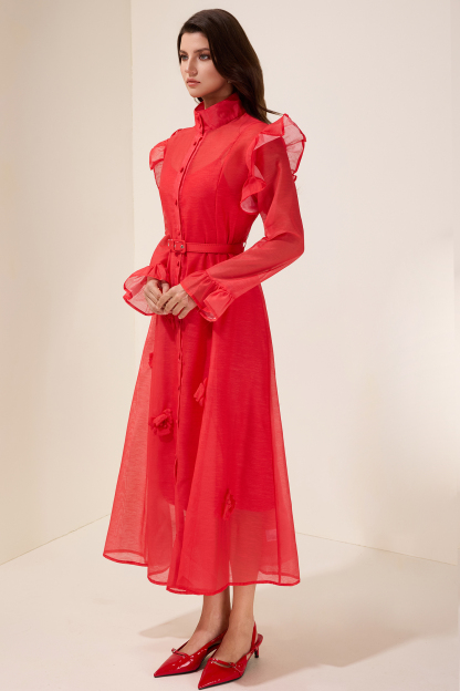 Solid 3D Floral Frill Midi Dress