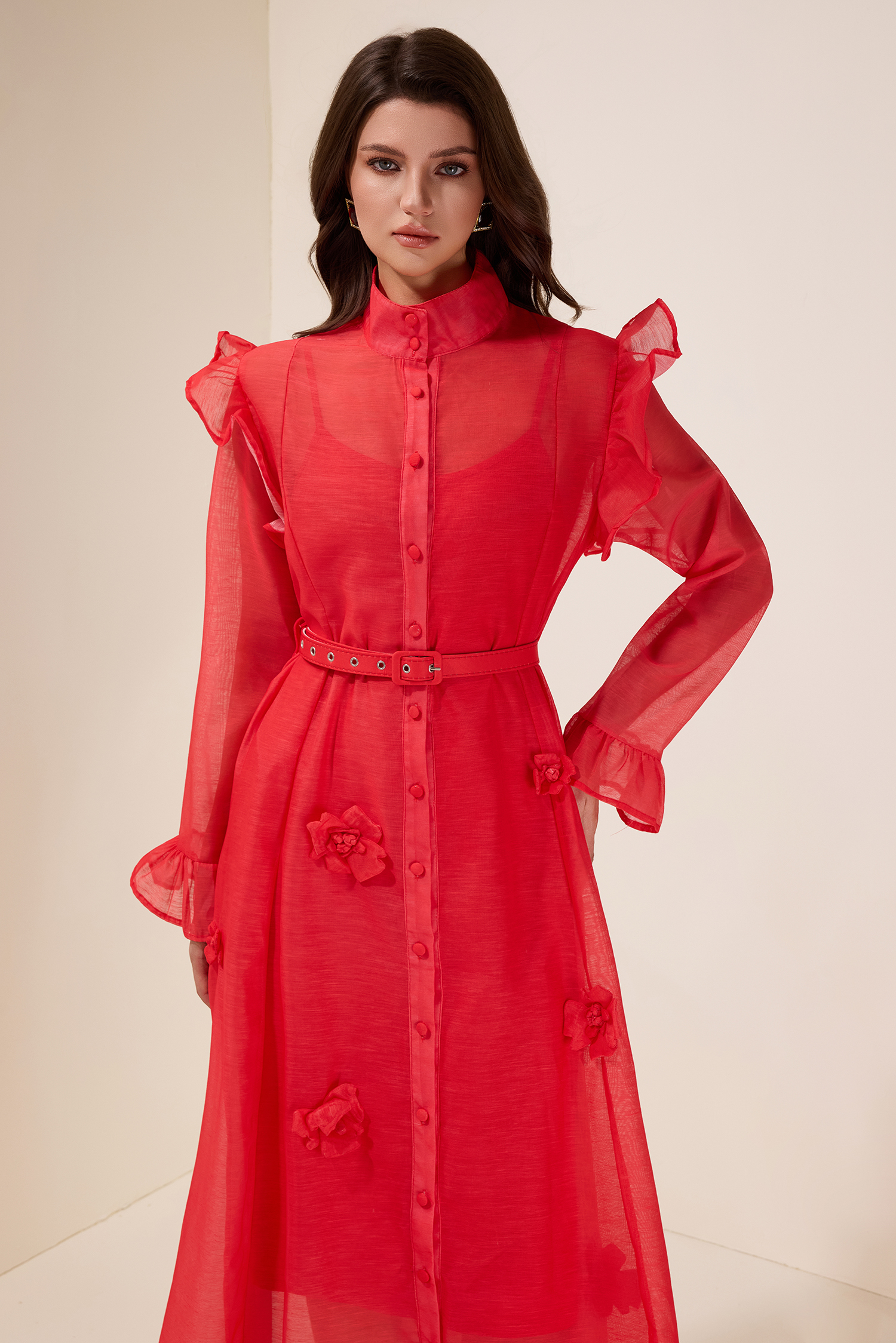 Solid 3D Floral Frill Midi Dress