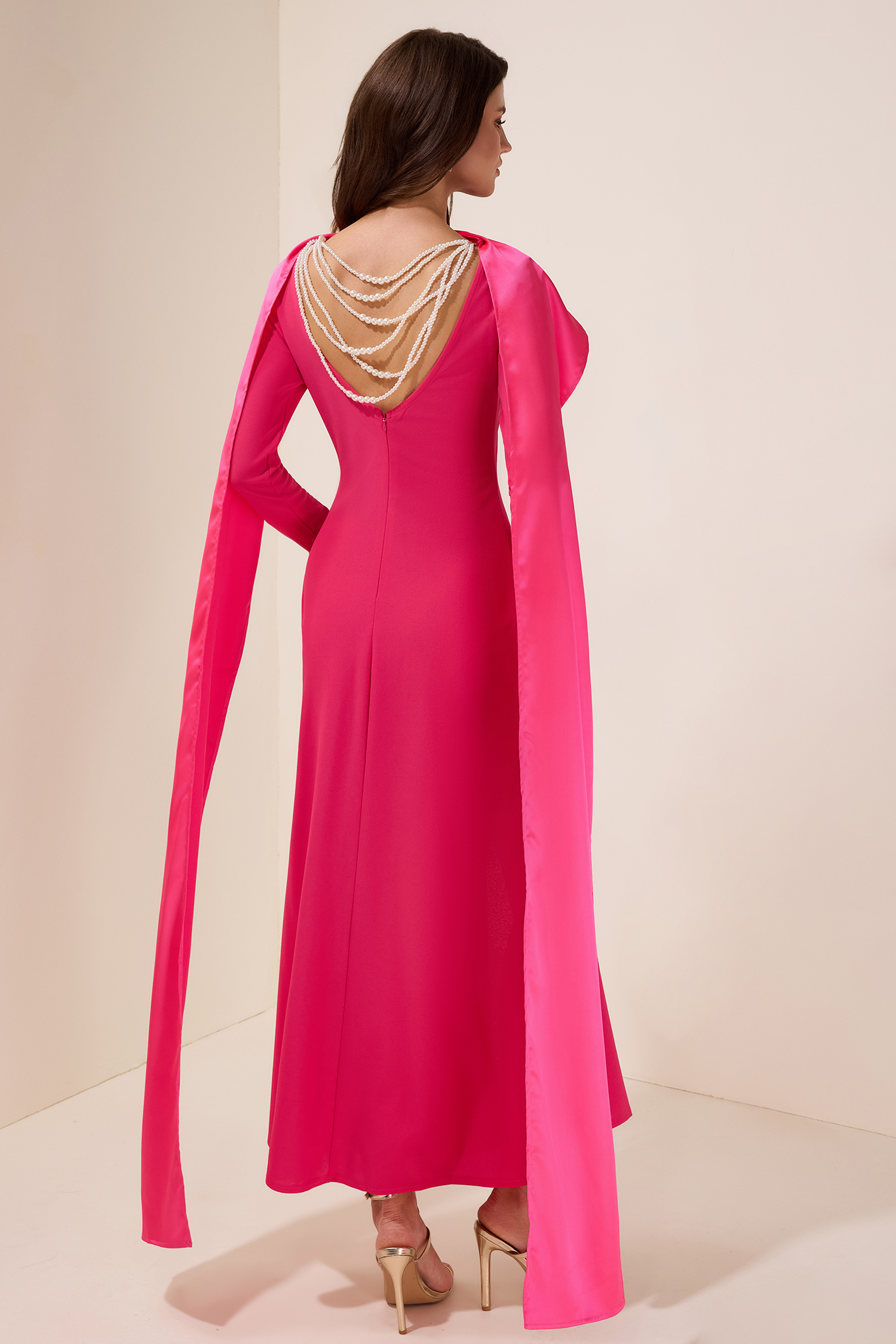 Faux Pearl Slit Long Sleeve Maxi Dress