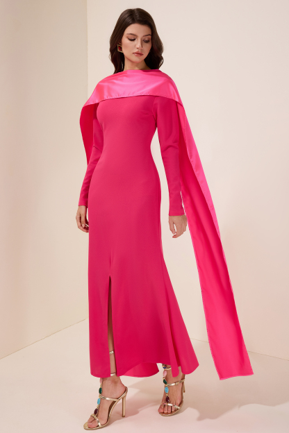 Faux Pearl Slit Long Sleeve Maxi Dress