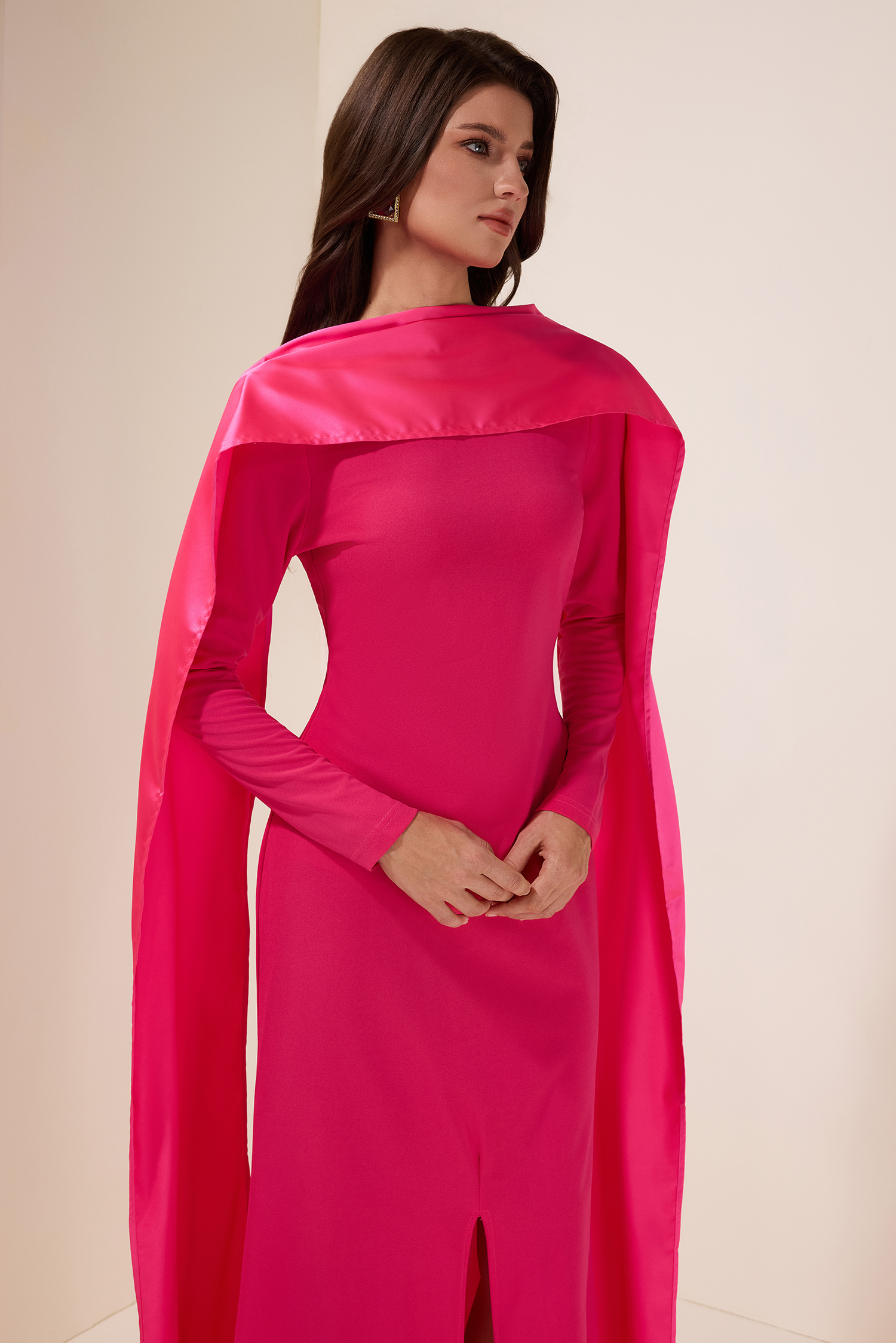 Faux Pearl Slit Long Sleeve Maxi Dress