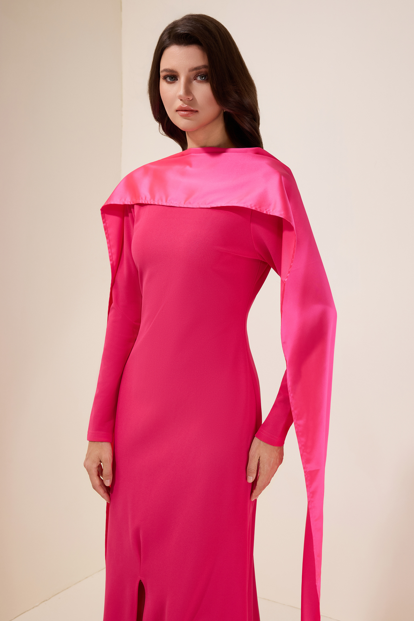 Faux Pearl Slit Long Sleeve Maxi Dress