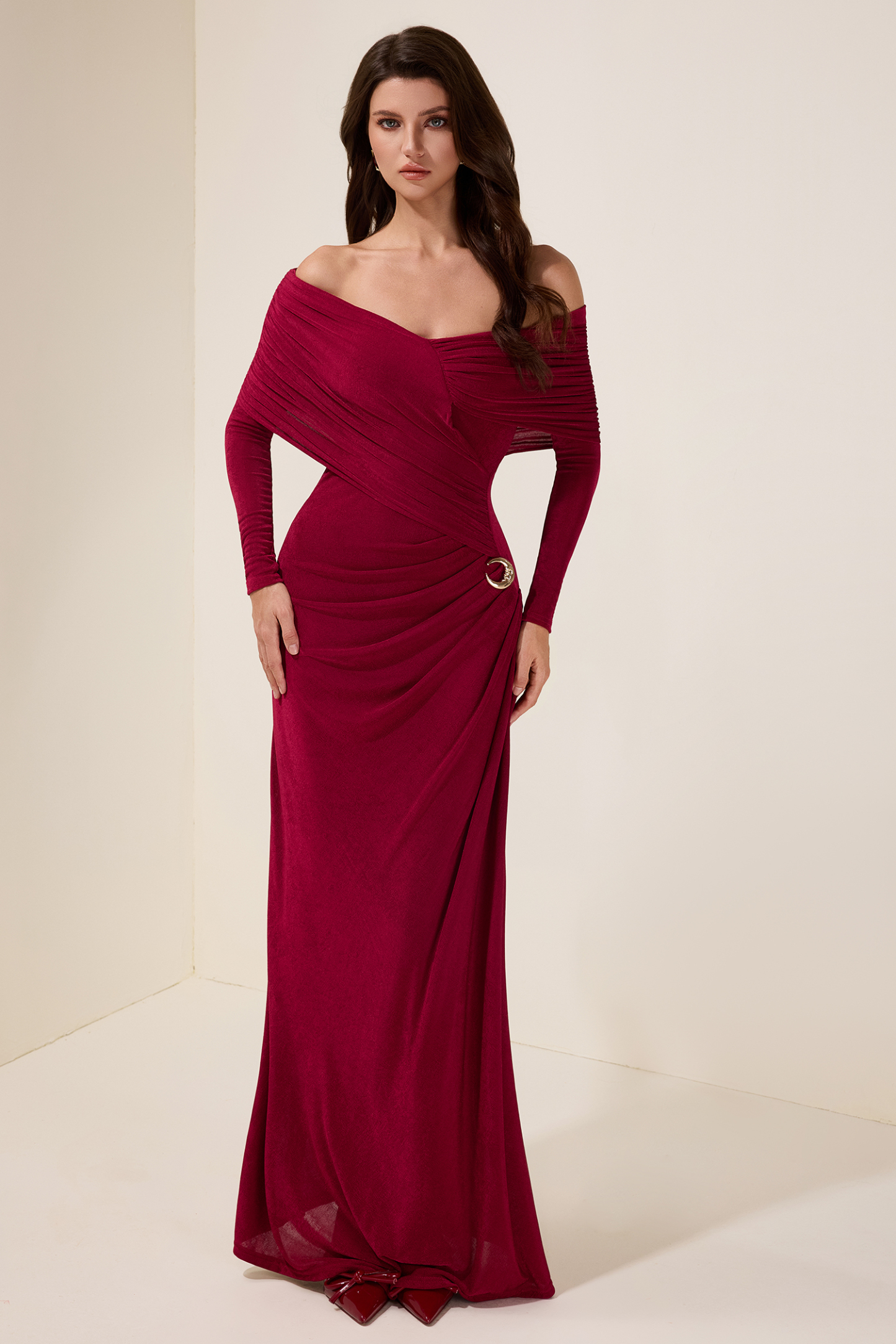 Solid Gathering Long Sleeve Maxi Dress