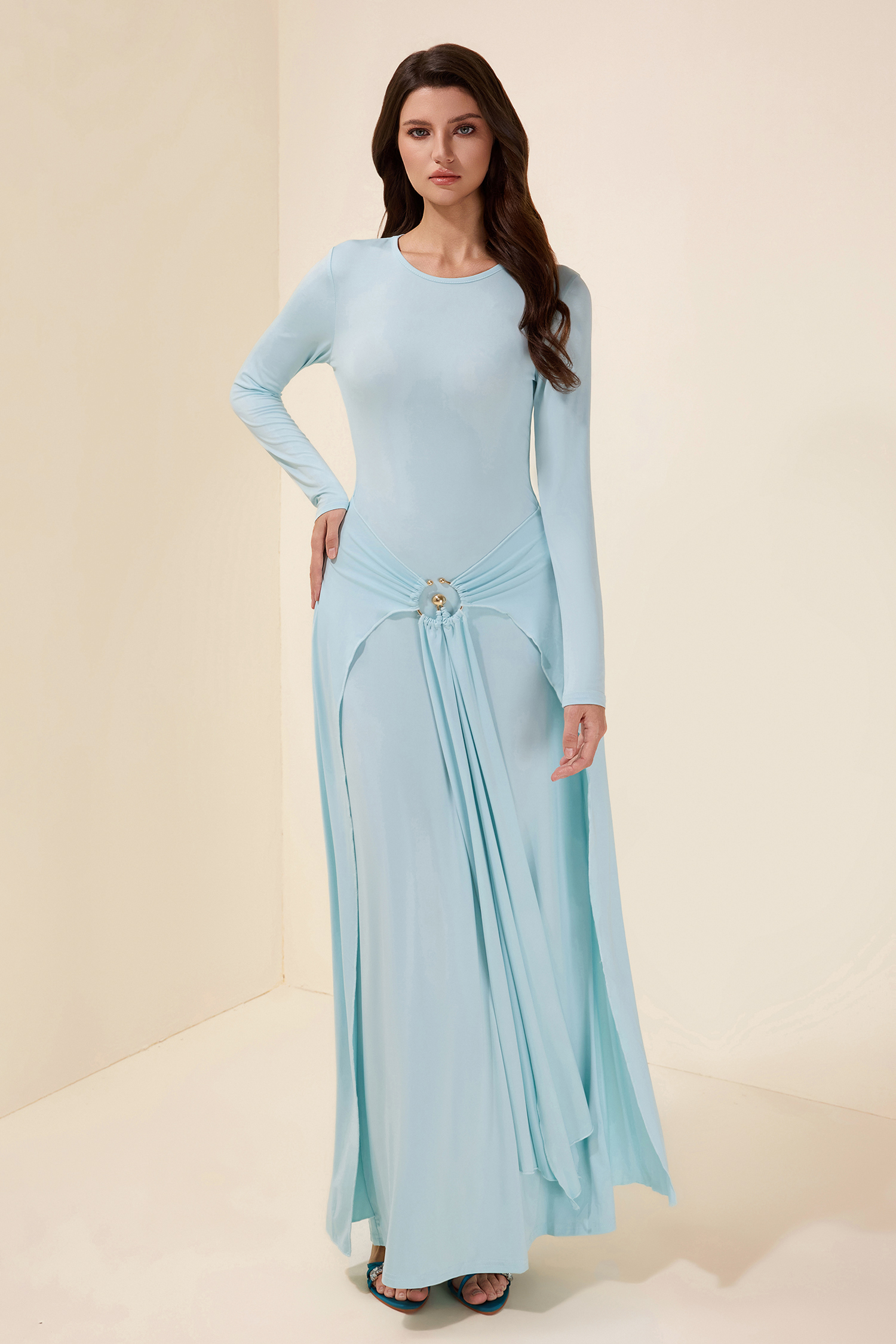 Jersey Knotted Metal Button Maxi Dress