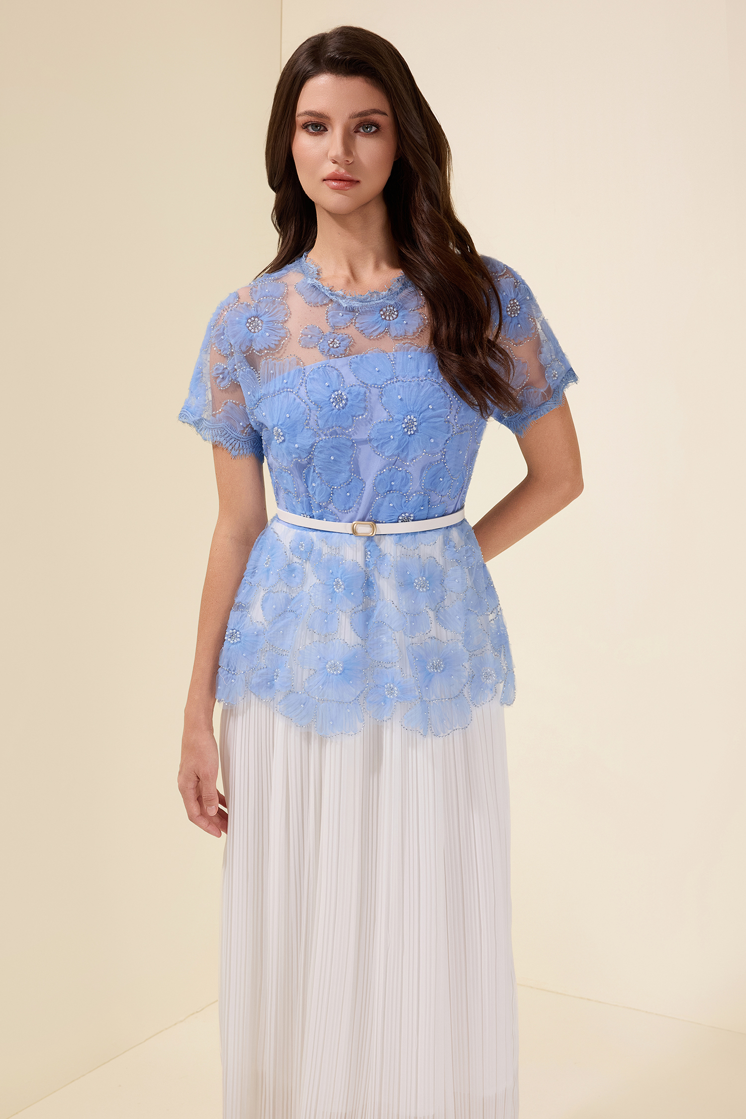 Lace Splicing Pleated Midi Dress With Belt