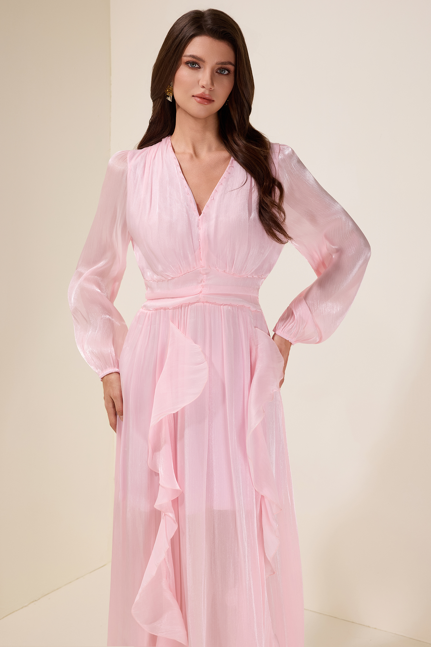 Solid Rivet Ruffle Midi Dress