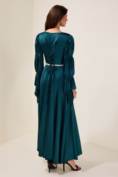 Satin Faux Pearl Round Neck Maxi Dress