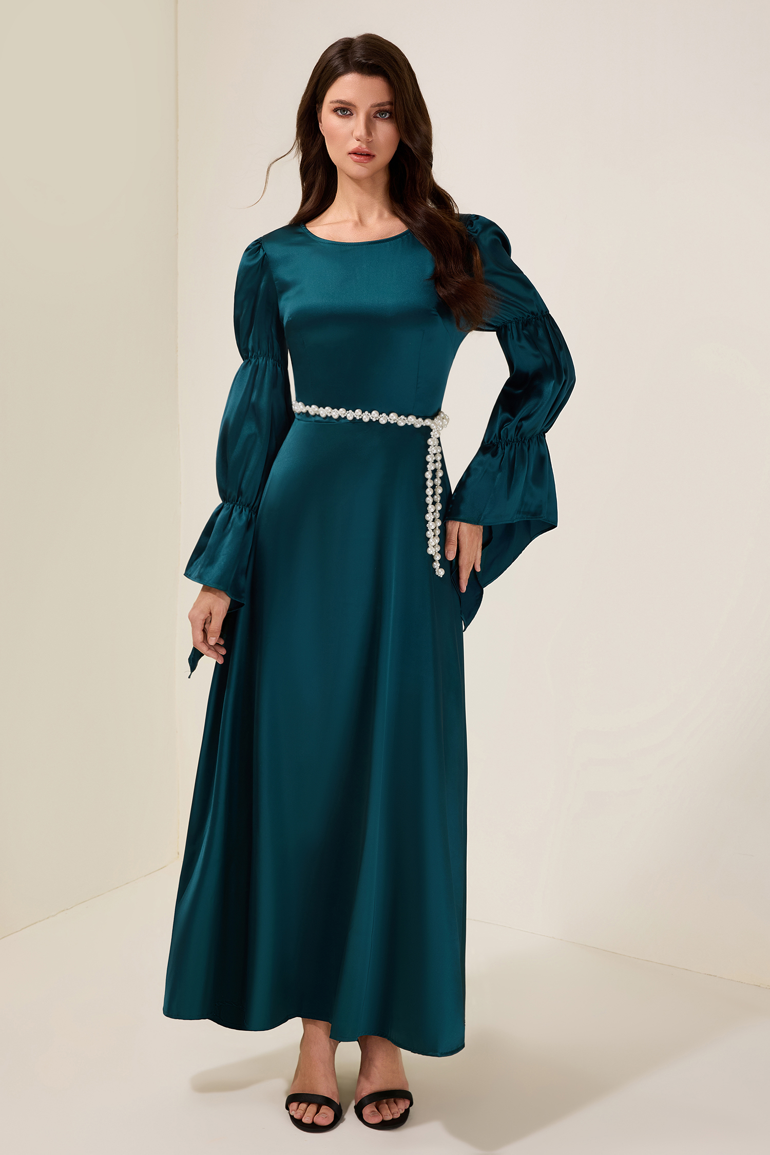 Satin Faux Pearl Round Neck Maxi Dress