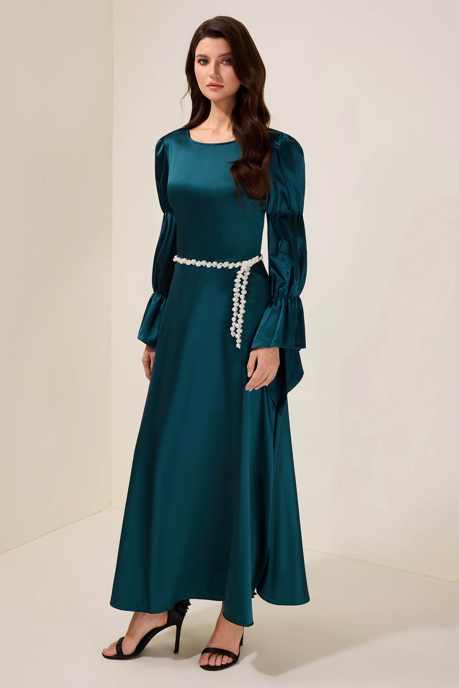 Satin Faux Pearl Round Neck Maxi Dress