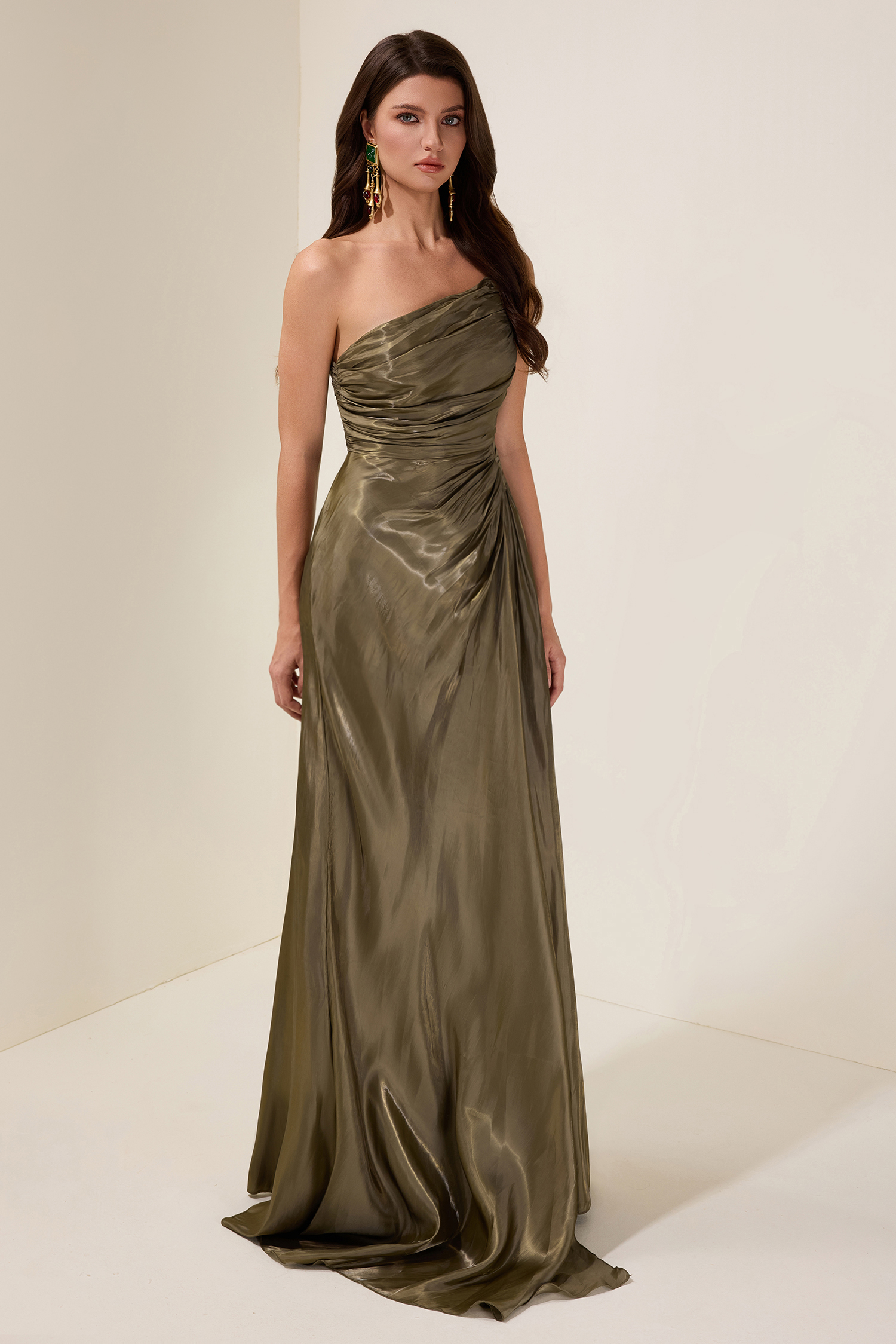 Solid Gathering Skew Collar Maxi Dress