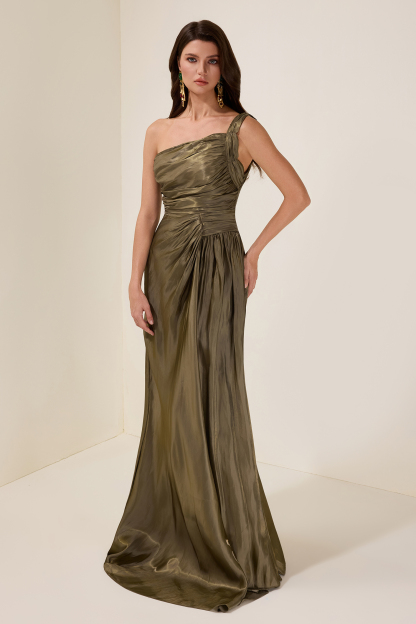 Solid Gathering Skew Collar Maxi Dress