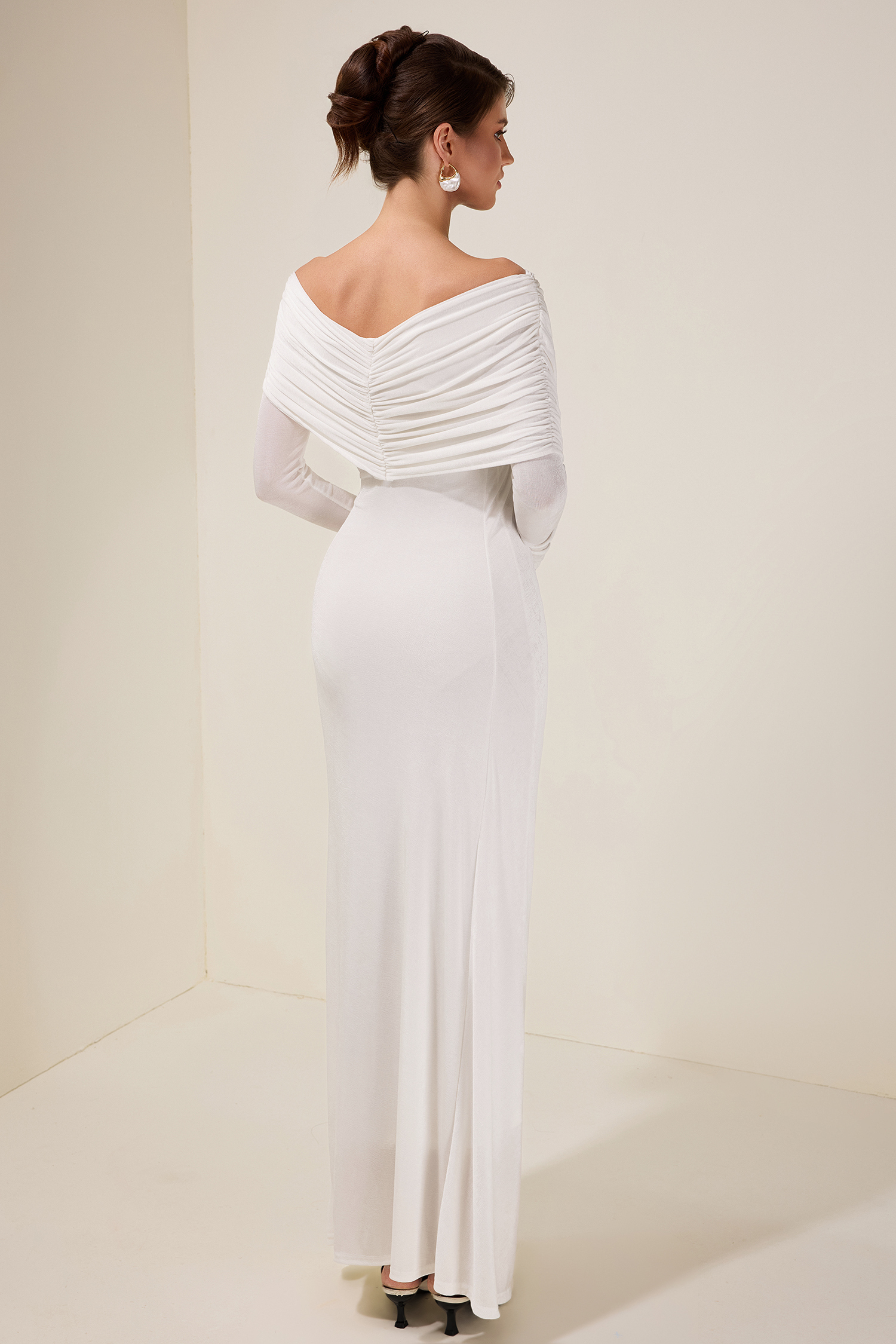 Solid Gathering Long Sleeve Maxi Dress