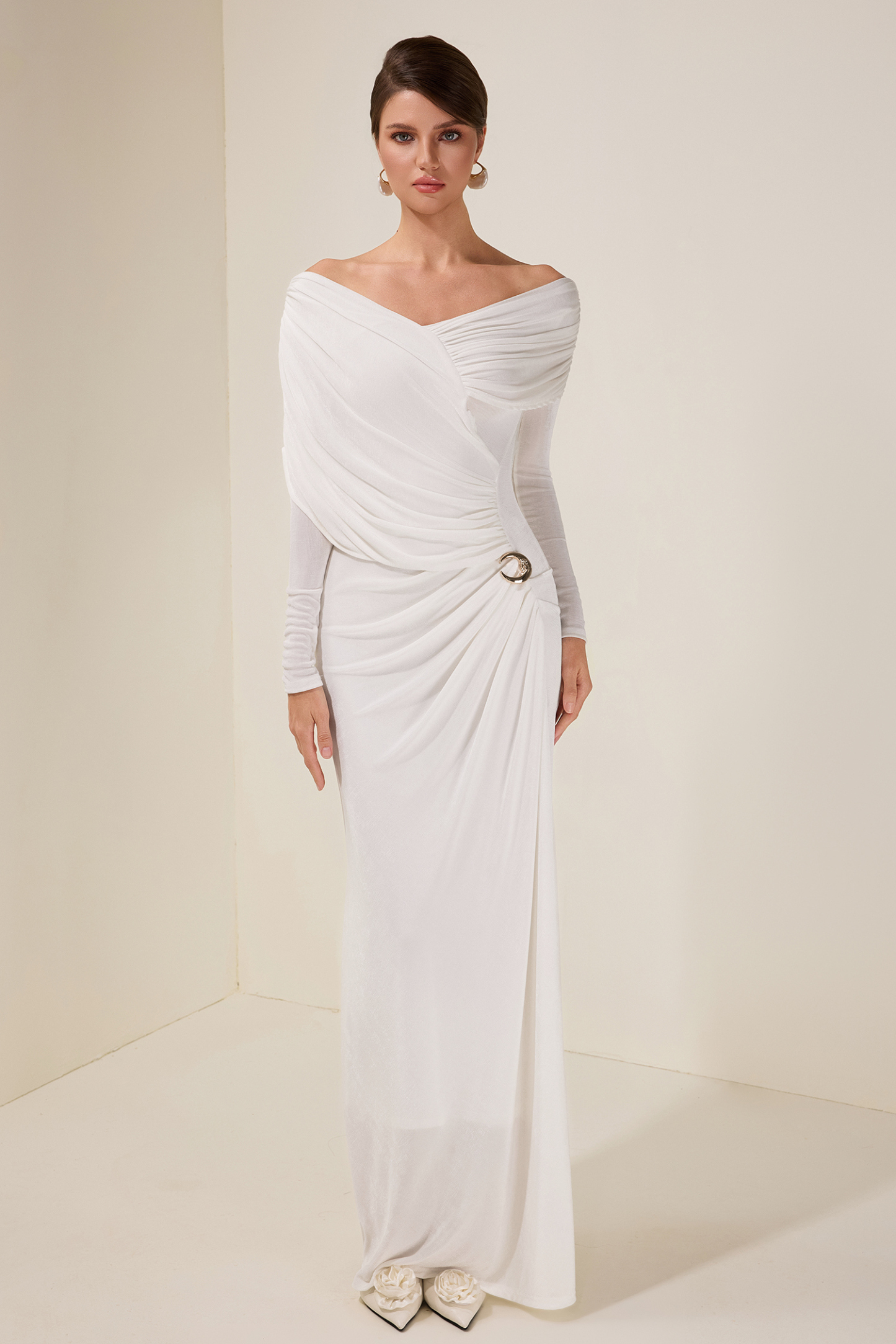 Solid Gathering Long Sleeve Maxi Dress