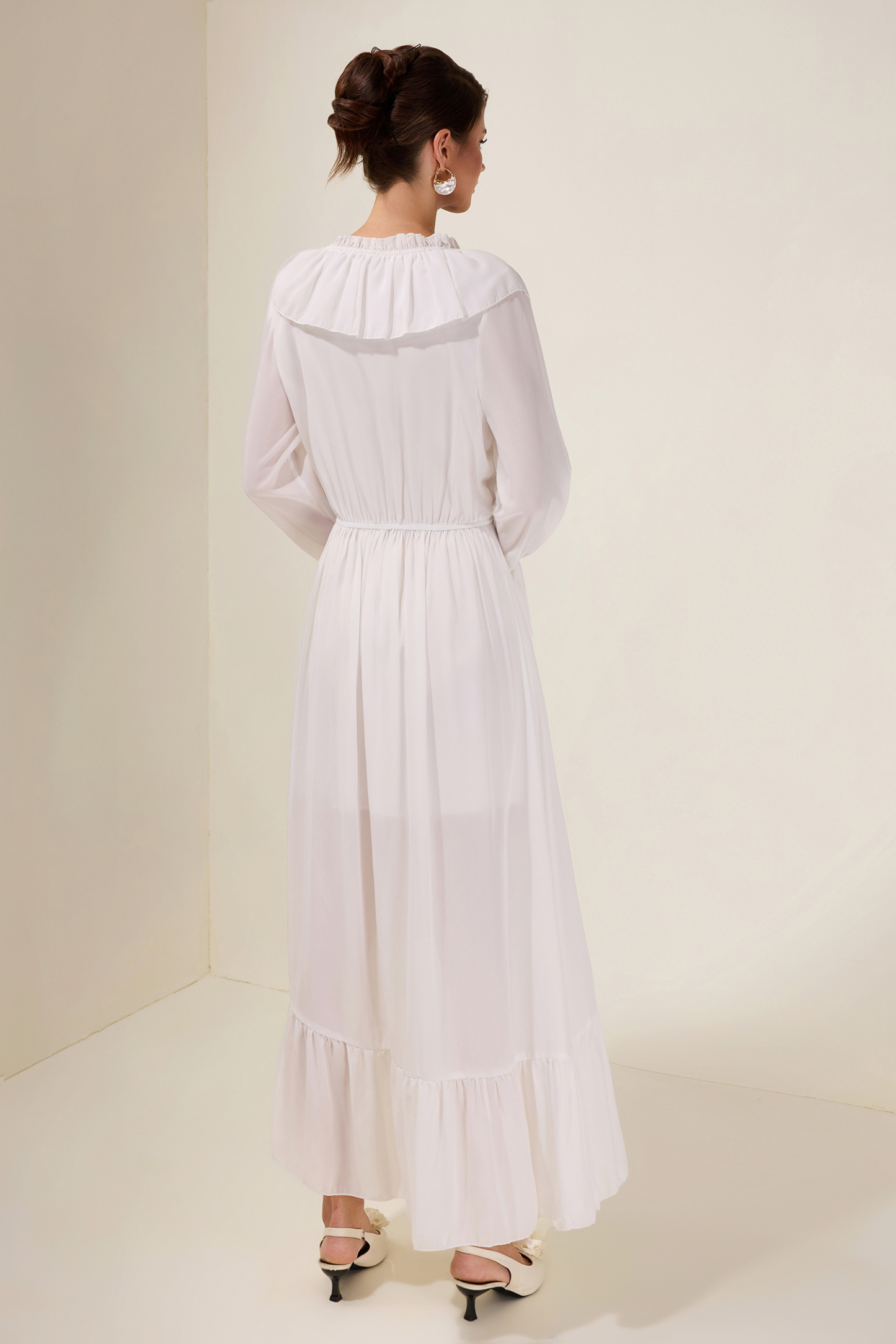 Chiffon Ruffle Lace-Up Midi Dress