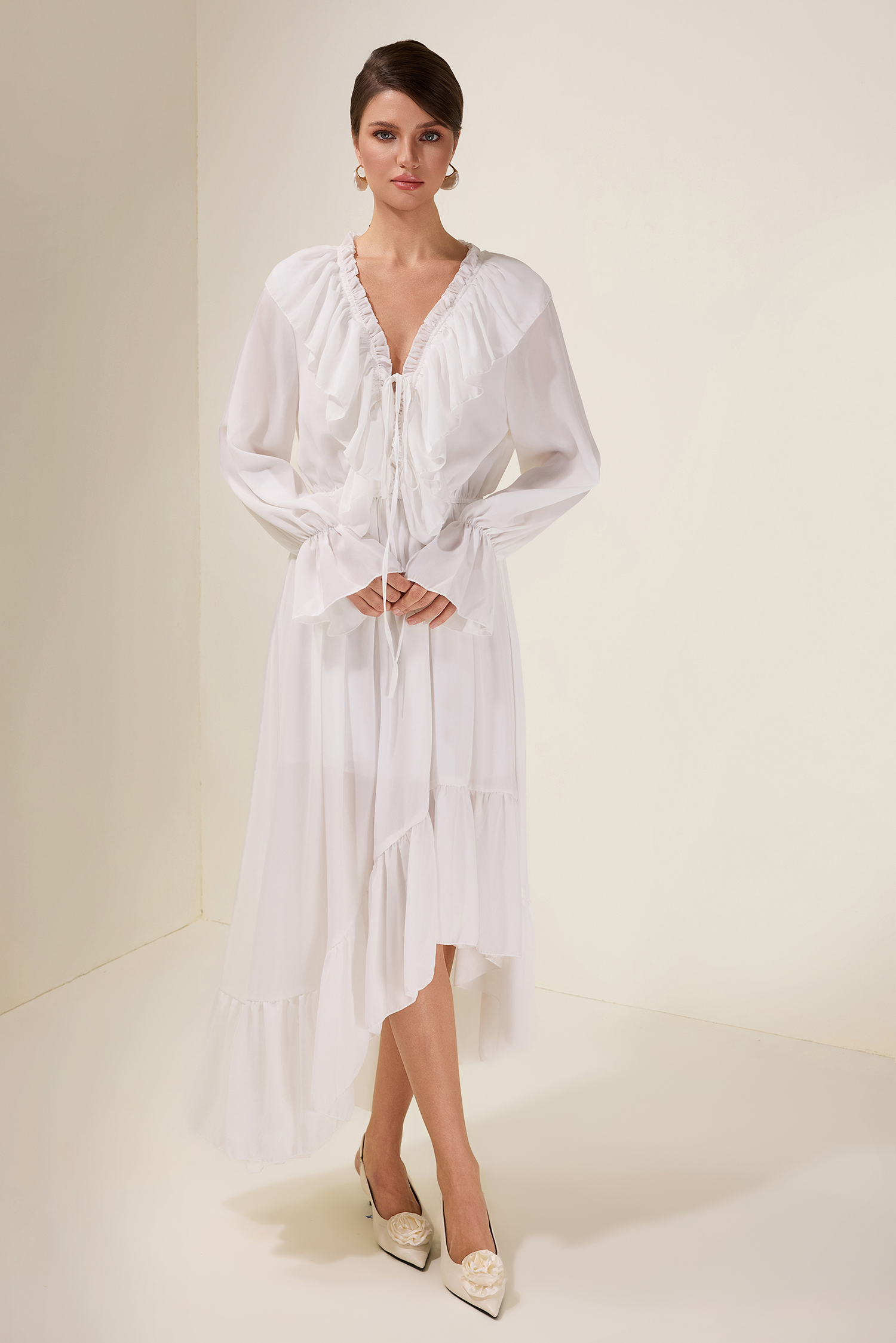 Chiffon Ruffle Lace-Up Midi Dress