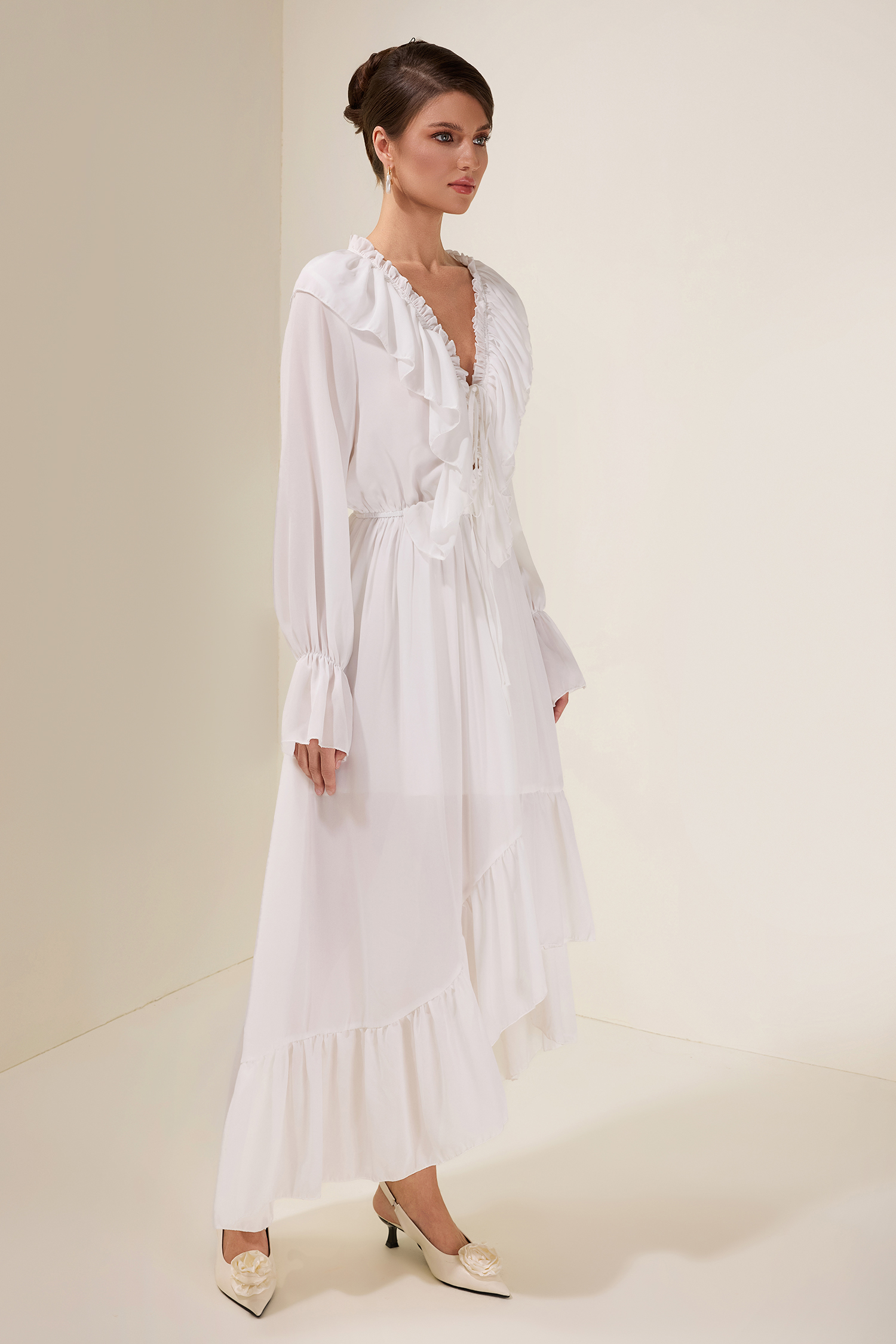 Chiffon Ruffle Lace-Up Midi Dress