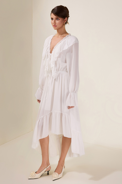 Chiffon Ruffle Lace-Up Midi Dress