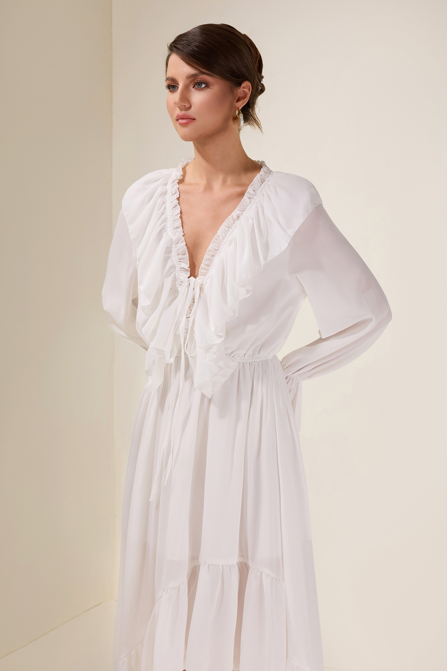 Chiffon Ruffle Lace-Up Midi Dress