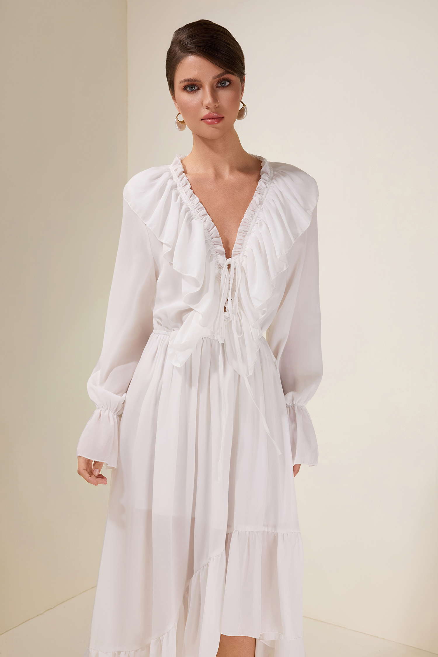 Chiffon Ruffle Lace-Up Midi Dress