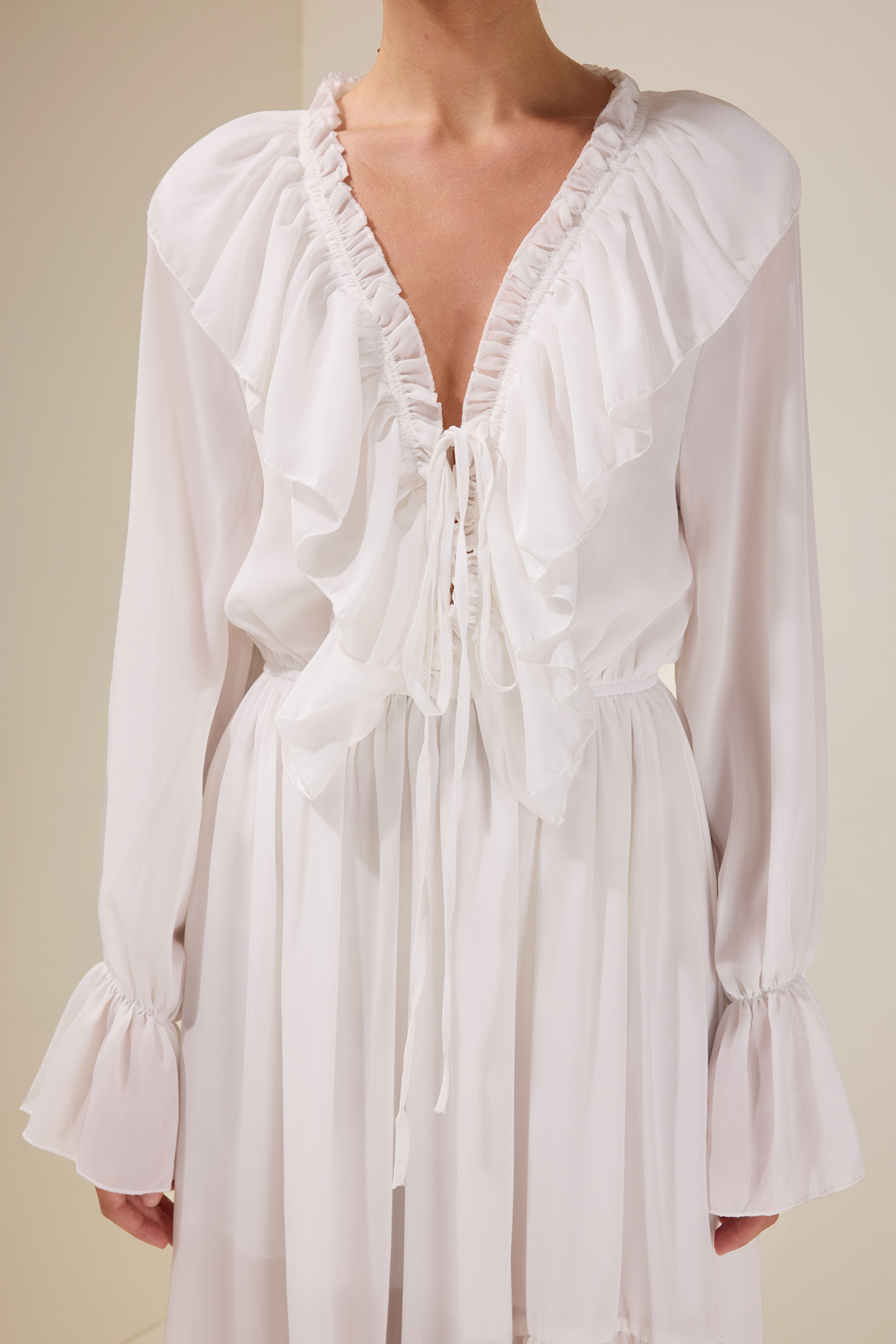 Chiffon Ruffle Lace-Up Midi Dress