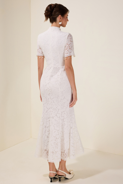 Lace See-Through Faux Pearl Midi Dress