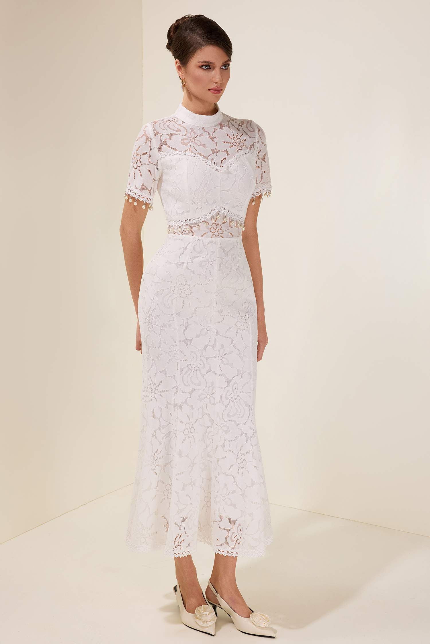 Lace See-Through Faux Pearl Midi Dress