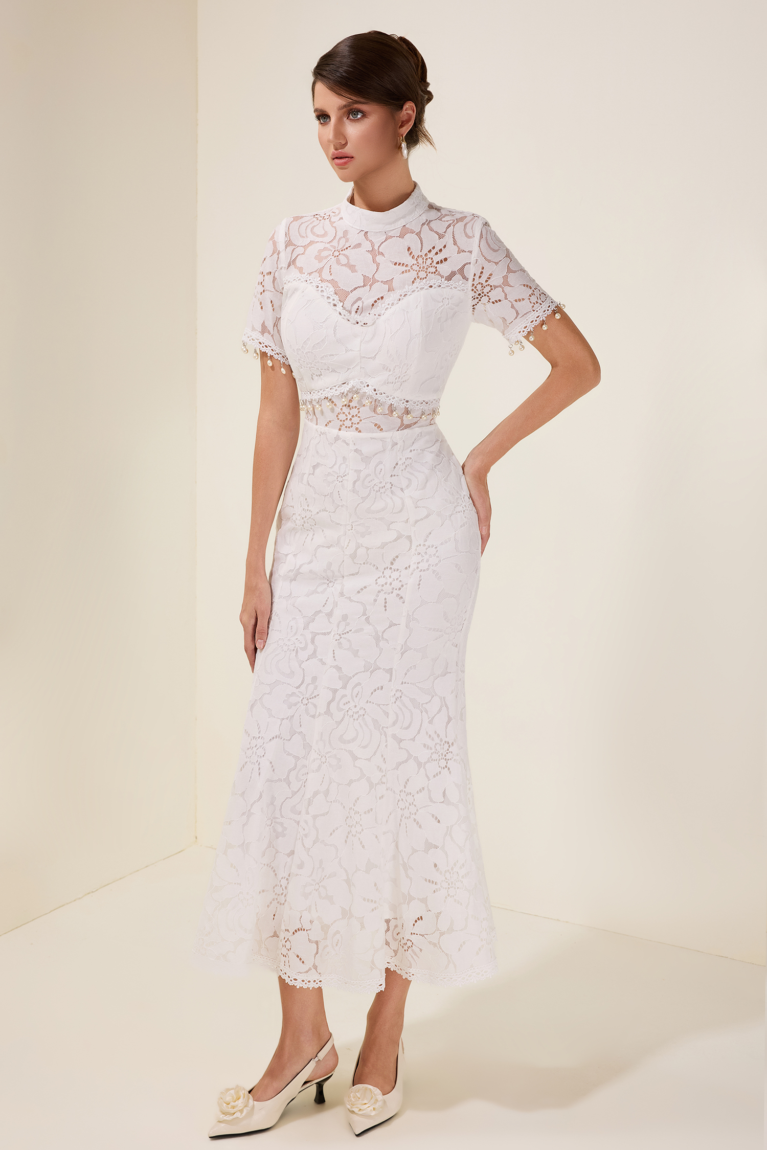 Lace See-Through Faux Pearl Midi Dress