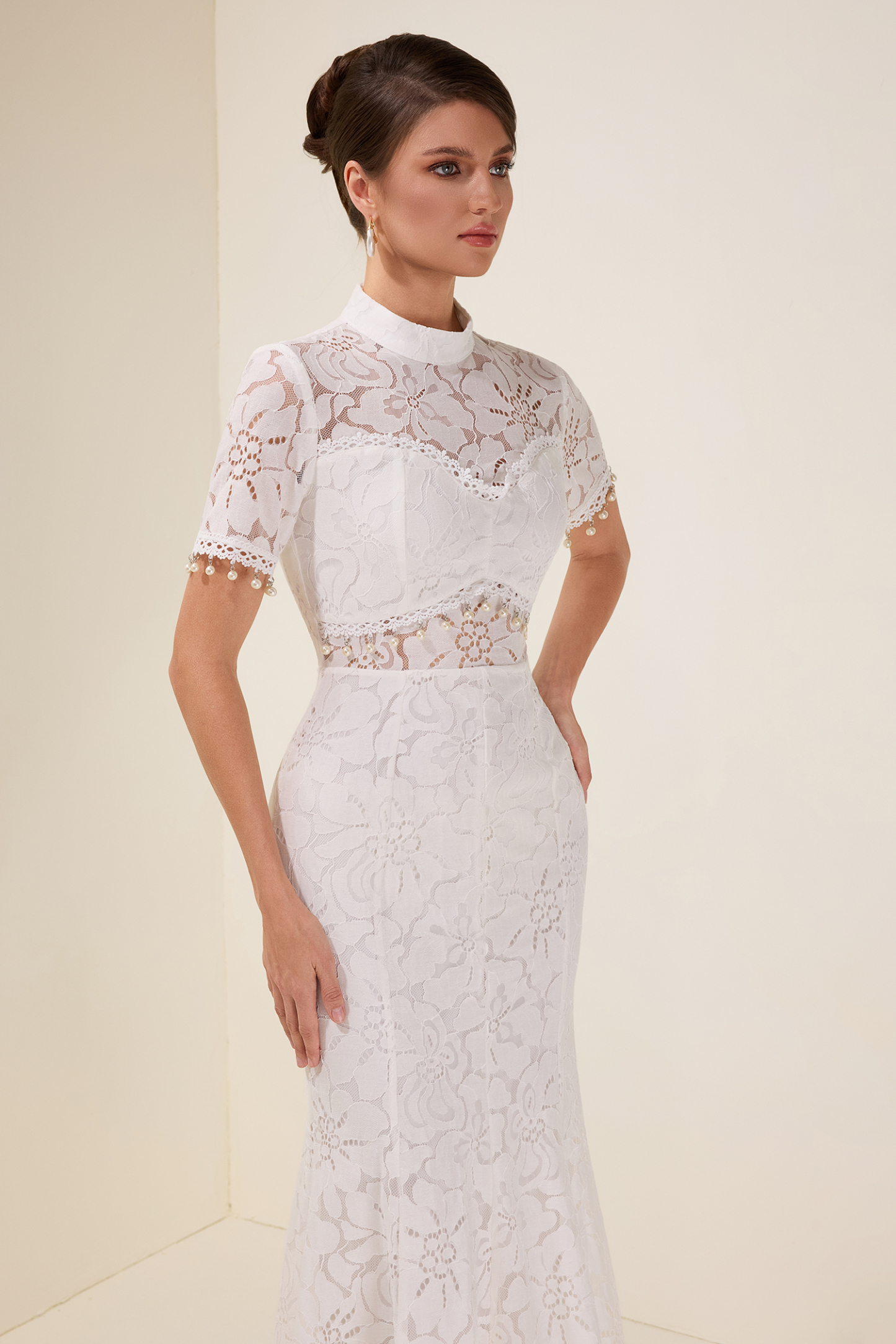 Lace See-Through Faux Pearl Midi Dress