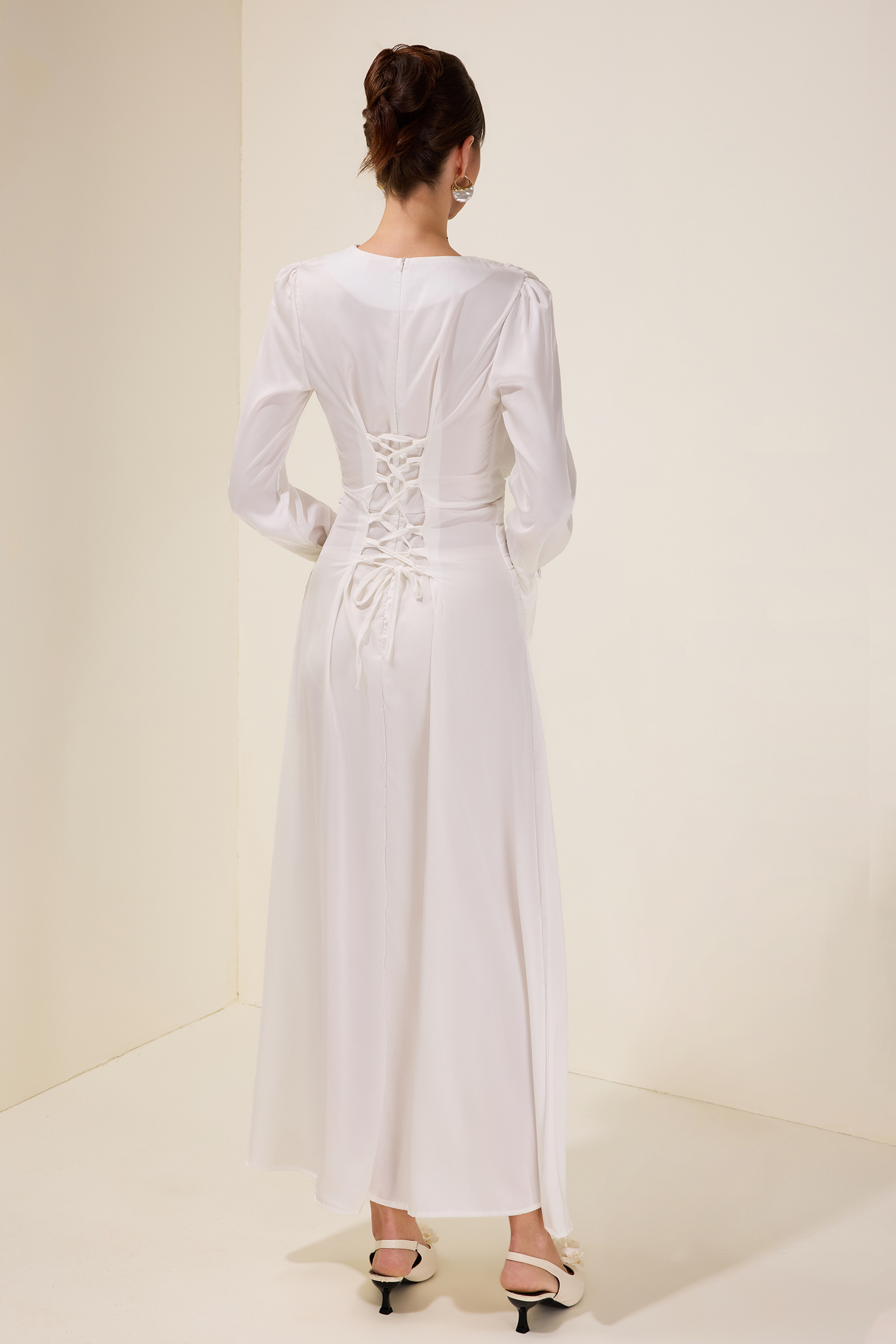 Satin Ball Sleeve Pleat Midi Dress