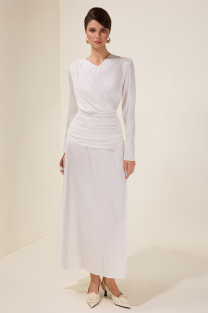 Satin Ball Sleeve Pleat Midi Dress