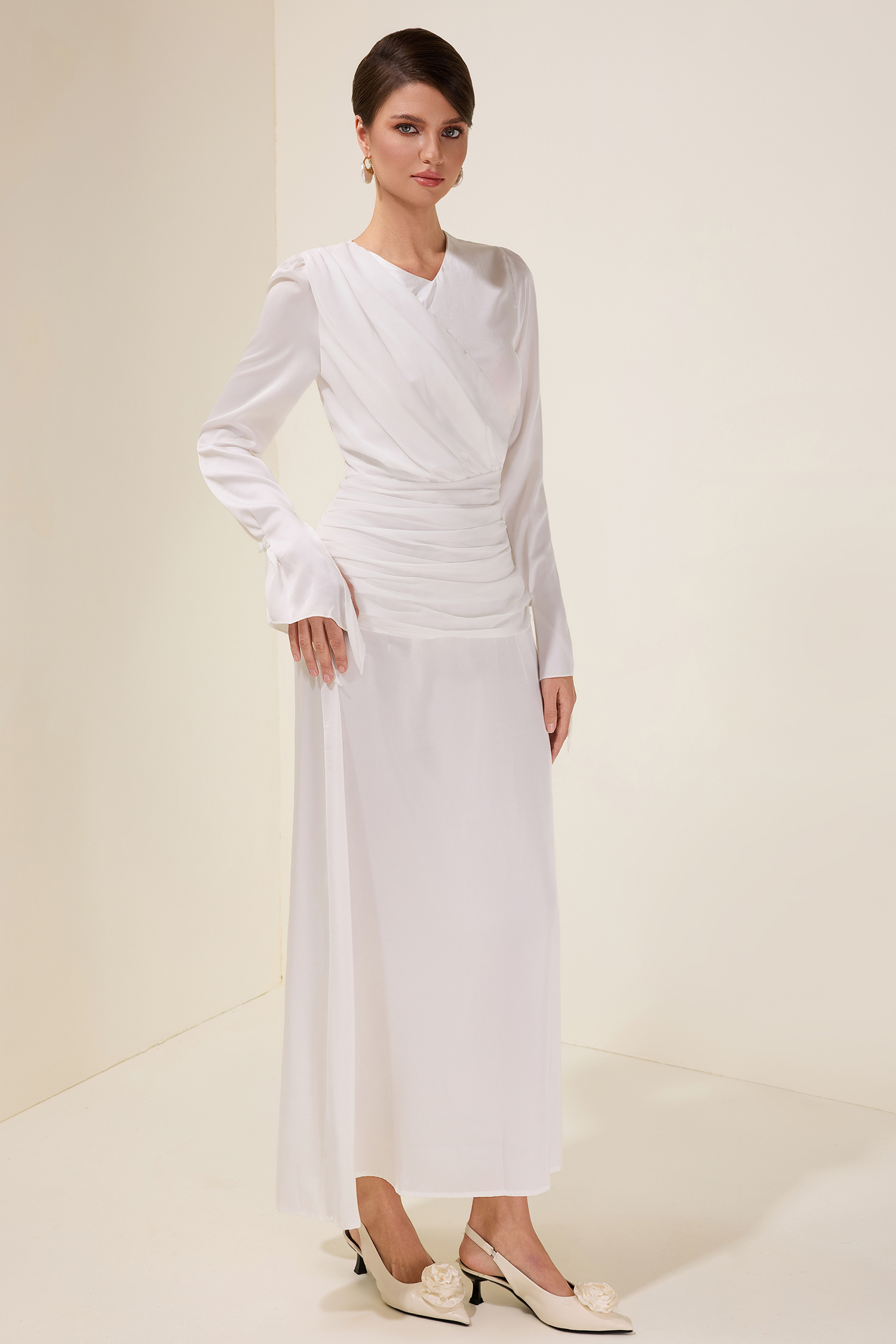 Satin Ball Sleeve Pleat Midi Dress
