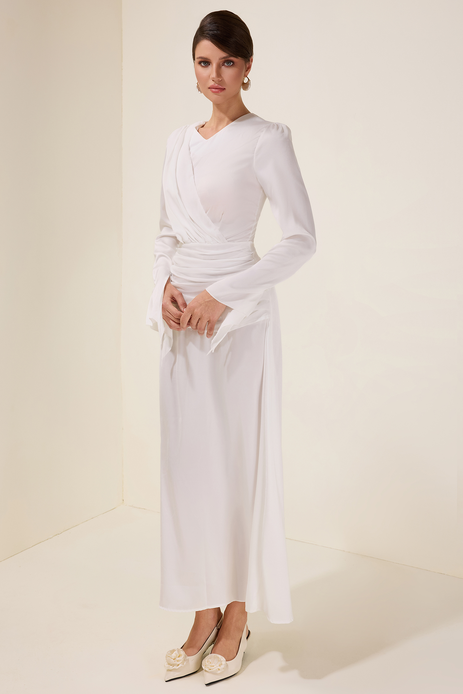 Satin Ball Sleeve Pleat Midi Dress