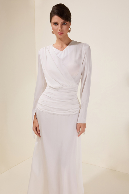 Satin Ball Sleeve Pleat Midi Dress