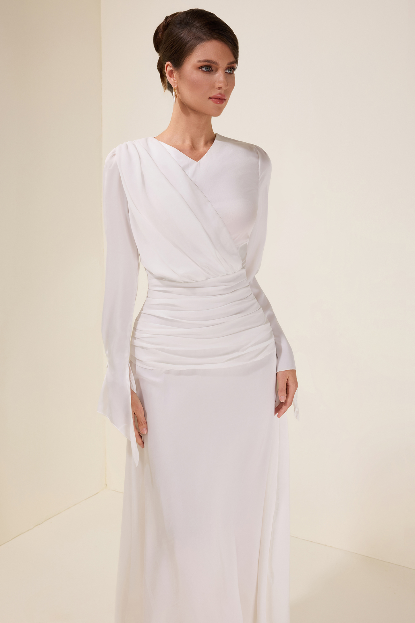 Satin Ball Sleeve Pleat Midi Dress