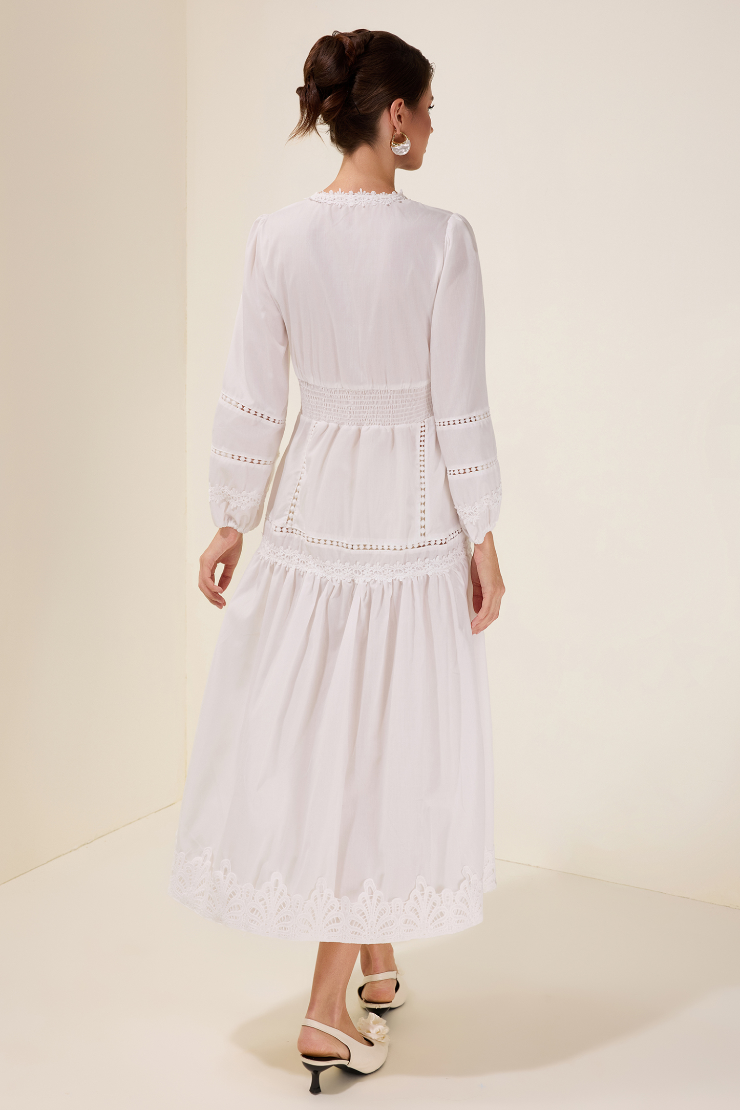 Lace Single Breasted Lantern Sleeve Midi Dress