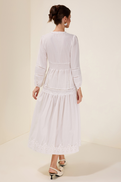 Lace Single Breasted Lantern Sleeve Midi Dress