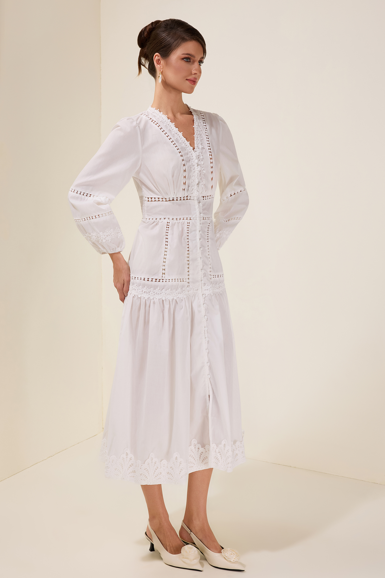 Lace Single Breasted Lantern Sleeve Midi Dress