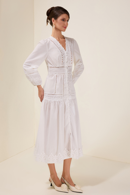 Lace Single Breasted Lantern Sleeve Midi Dress