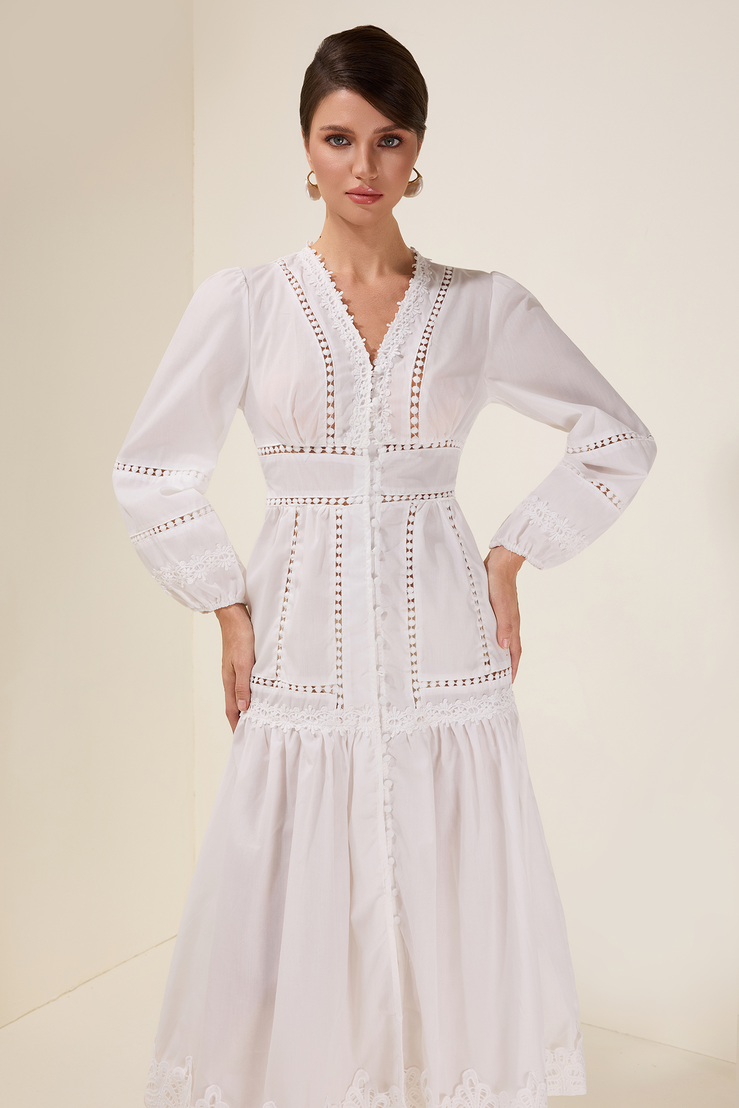 Lace Single Breasted Lantern Sleeve Midi Dress