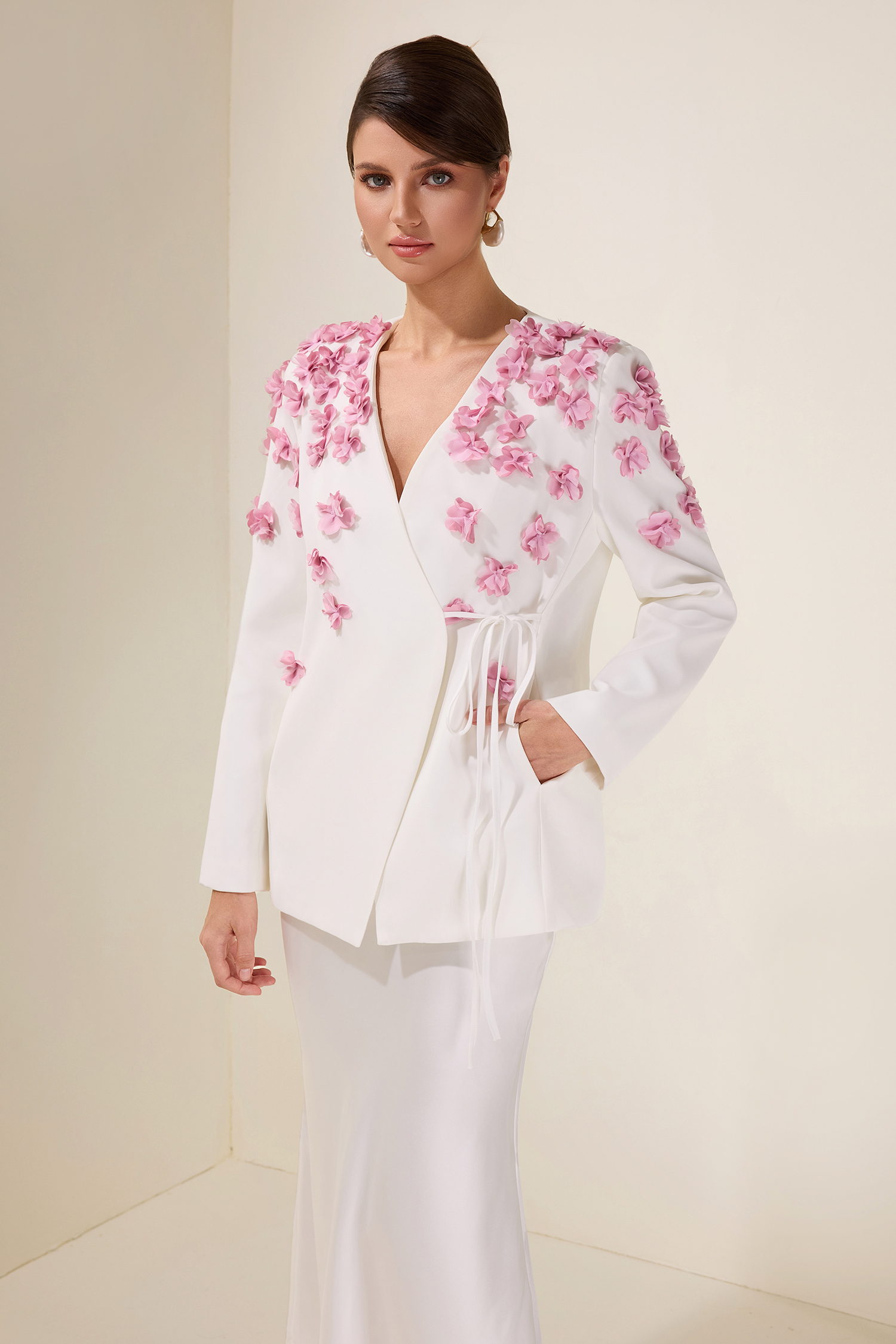 3D Flower Lace-Up Long Sleeve Coat