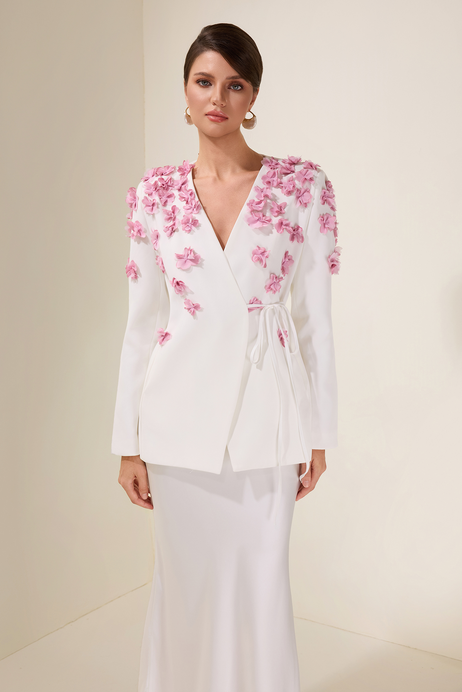 3D Flower Lace-Up Long Sleeve Coat